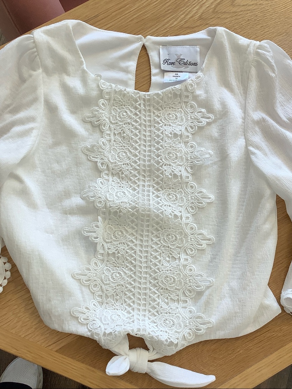Kids White Lace Front Tie Blouse